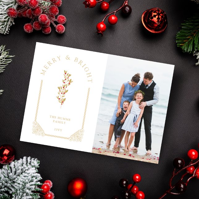 Cartão De Festividades White Photo Christmas Botanical Dome Arch (White Christmas Card with Botanical Dome Arch Effect in Faux Gold and Photo with Envelope.)
