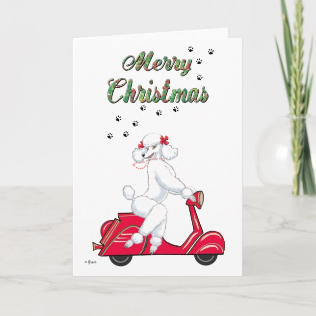 Cartão De Festividades White Poodle on Red Scooter Merry Christmas Cards (Frente)