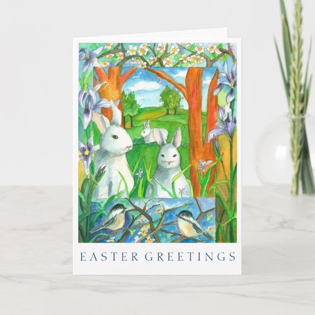 Cartão De Festividades White Rabbits Chickadee Birds Happy Easter (Frente)