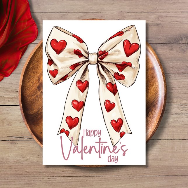 Cartão De Festividades White Red Bow Blush Pink Happy Valentines Day (Criador carregado)