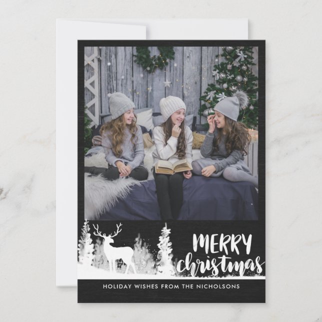 Cartão De Festividades White Reindeer Chalkboard Feliz Foto de Natal (Frente)