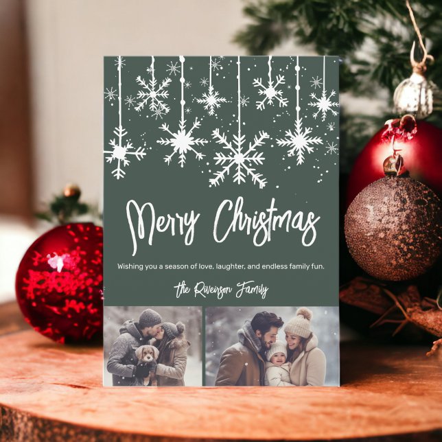 Cartão De Festividades White Snow elegante verde feliz natal 2 fotos (White snow elegant green merry christmas 2 photos holiday card)