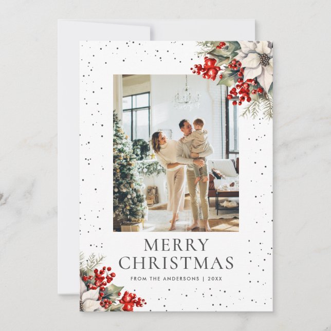 Cartão De Festividades White Snowy Botanical Photo Christmas Card (Frente)