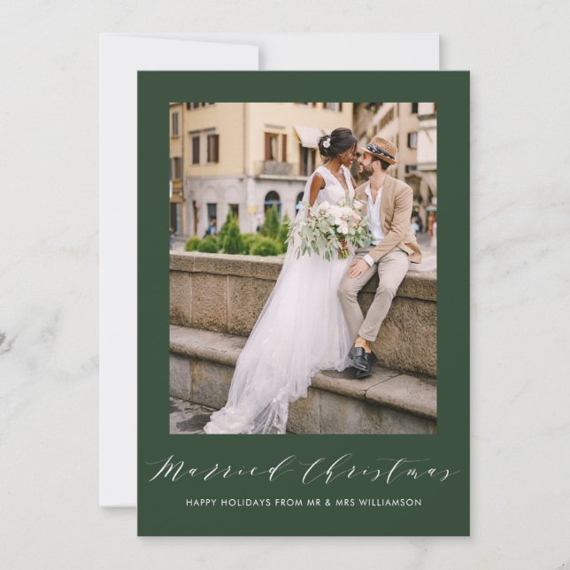Cartão De Festividades white thin script holiday wedding announcement (Frente)