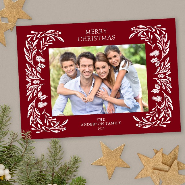 Cartão De Festividades White Winter Greenery Foto Natal (Criador carregado)