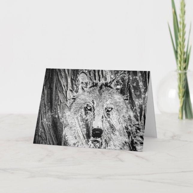 Cartão De Festividades Wild Winter Wolf with Tree Bark and Snow (Frente)