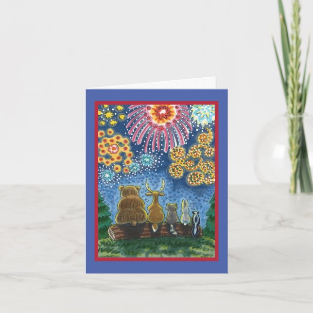 Cartão De Festividades WILDLIFE ANIMALS 4TH OF JULY FIREWORKS, CUTE Blank (Frente)