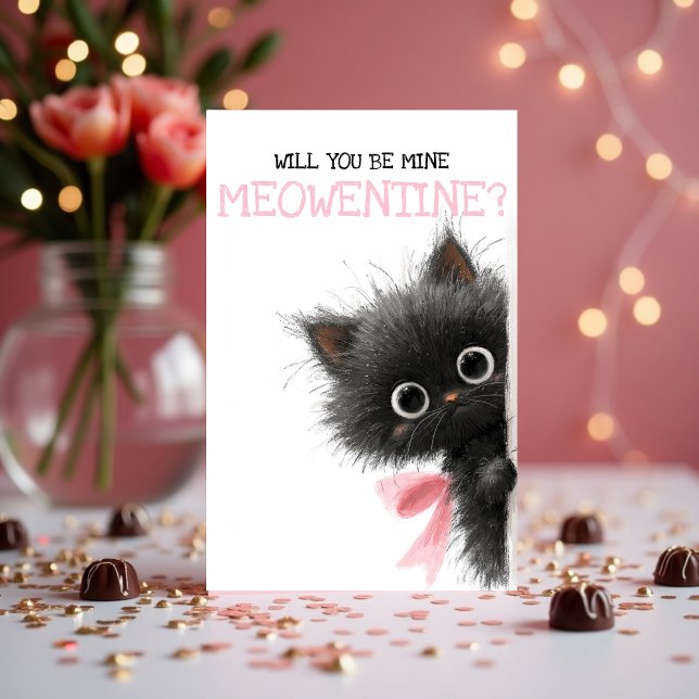 Cartão De Festividades Will You Be Mine Meowentine? Cute Valententine's  (Will You Be Mine Meowentine? Cute Black Cat Valentine’s Day Card)