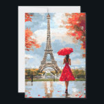 Cartão De Festividades Wind Romance Paris Chic Walk<br><div class="desc">Uma mulher graciosa com um guarda-chuva vermelho cai em direção à Torre Eiffel em uma brisa suave do outono. Charme romântico parisiense em tons vermelhos e dourados.</div>