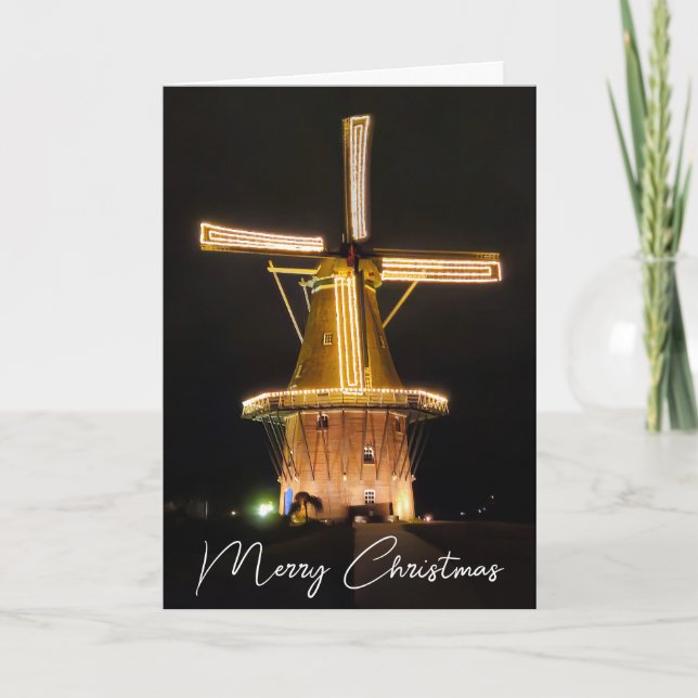 Cartão De Festividades Windmill Neerlandês Brilhando Com Luzes De Natal (Frente)