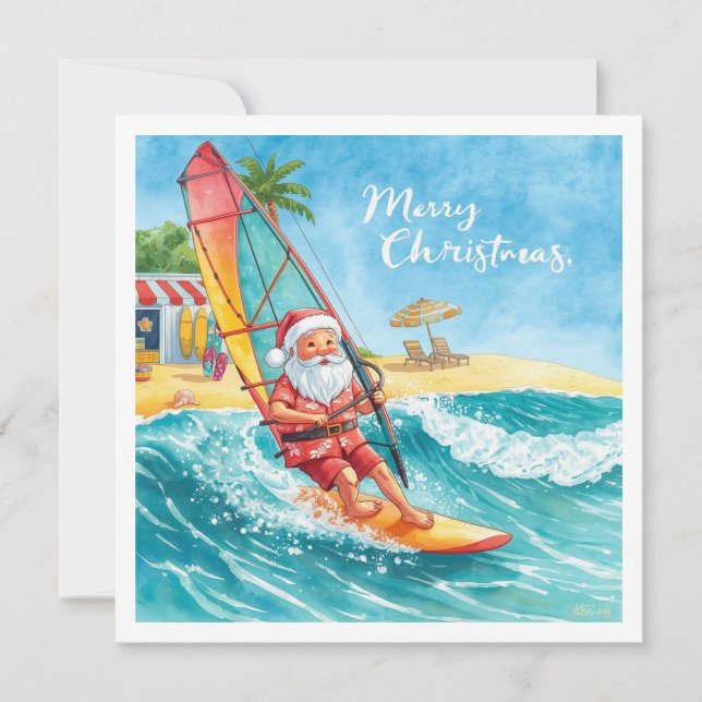 Cartão De Festividades Windsurfing Santa Beach Christmas Card (Frente)