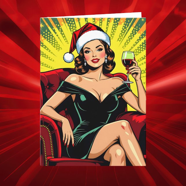 Cartão De Festividades Wine Humor | Personalized Retro Pop Art Christmas (Criador carregado)