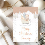 Cartão De Festividades Winter Bear Brown Sleigh Feliz Natal<br><div class="desc">Este cartão de feriado bonito e divertido pode ser personalizado com um nome ou título, como mãe, filha, neta, sobrinha, amiga, etc. O design apresenta um urso adorável numa trenó marrom cercado por neve, montanhas e pinheiros. O texto combina o script manuscrito e as fontes sans serif para uma aparência...</div>