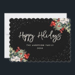 Cartão De Festividades Winter Berries Holly Poinsettia Elegante Black<br><div class="desc">Cartão Black Happy Holidays com uma moldura de neve enfeitada com poinsettia branca,  sagrada com bagas vermelhas e outros verdes. Personalize facilmente este cartão de feriado elegante com o seu texto.</div>