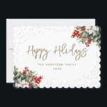 Cartão De Festividades Winter Berries Holly White Poinsettia Elegante<br><div class="desc">Cartão de feriados brancos e dourados,  com uma moldura de neve enfeitada com poinsettia branca,  sagrada com bagas vermelhas e outros verdes. Personalize facilmente este cartão de feriado elegante com o seu texto.</div>