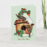 Cartão De Festividades Winter Birds Folded Christmas<br><div class="desc">Delightful winter wildlife scene with little birds,  snow covered birdhouse and holly leaves.</div>