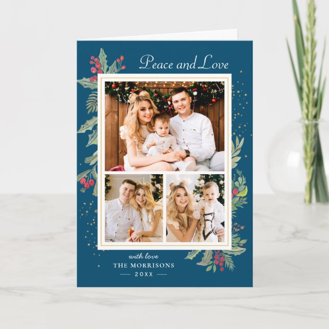 Cartão De Festividades Winter Blue Peace and Love Holly Berries 3 Foto (Frente)