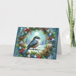 Cartão De Festividades Winter Bluebird in Holiday Wreath Christmas
