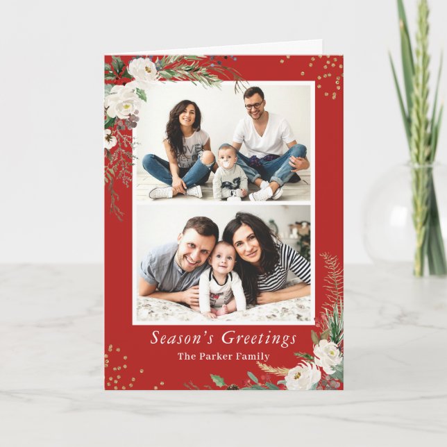 Cartão De Festividades Winter Botanical Berries Red Gold Glitters 2 Photo (Frente)