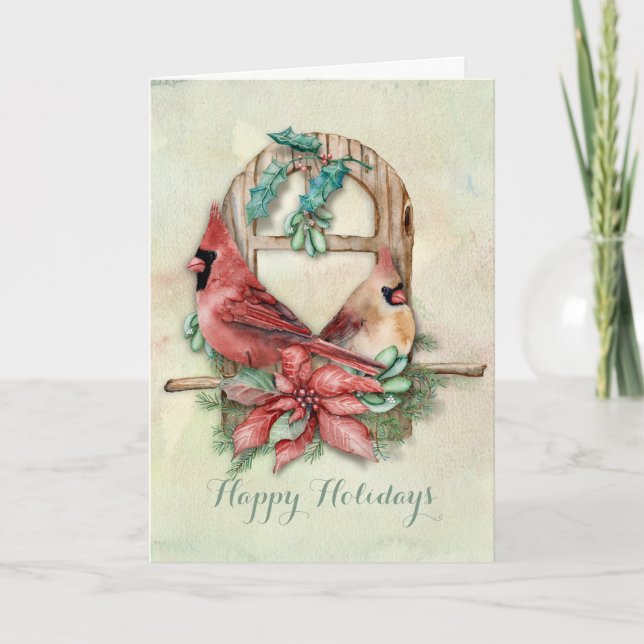 Cartão De Festividades Winter Cardinals Pair with Poinsettia (Frente)