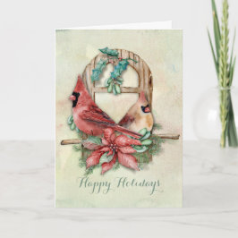 Cartão De Festividades Winter Cardinals Pair with Poinsettia