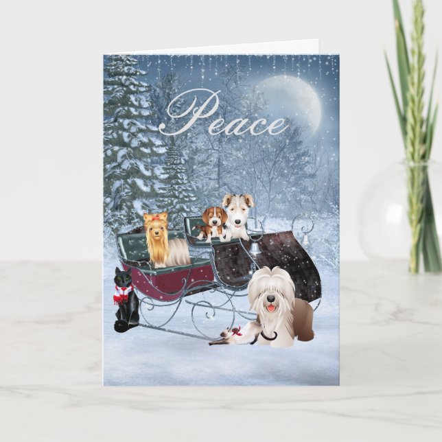 Cartão De Festividades Winter Christmas Card with Dogs, Cats, Puppies (Frente)