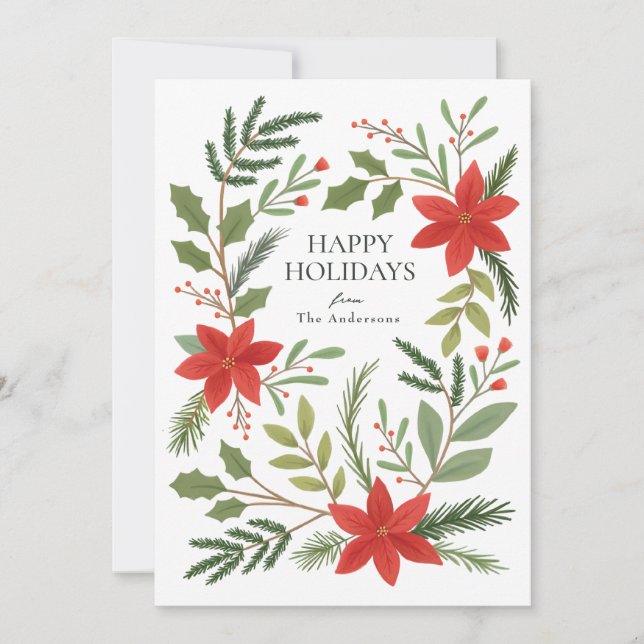 Cartão De Festividades Winter Floral Pointsettia Greenery Holiday Card (Frente)