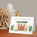 Cartão De Festividades Winter Forest Cozy Christmas Fireplace Business<br><div class="desc">Personalized folded Christmas Card suitable for small business and corporate groups alike. All of the wording is editable,  inside and out. Design features a festive watercolor scene blending indoors and outdoors with pine tree forest and cozy winter fireplace with christmas stockings.</div>