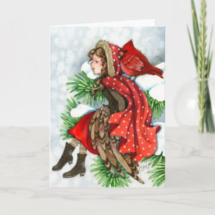 Cartão De Festividades Winter Friends - Cardinal Bird Girl Greeting Card