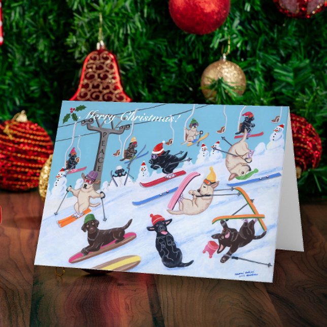 Cartão De Festividades Winter Fun Christmas Skiing Labrador Painting (Winter Fun Christmas Skiing Labradors Painting Design Christmas Cards for Labrador Owners.)