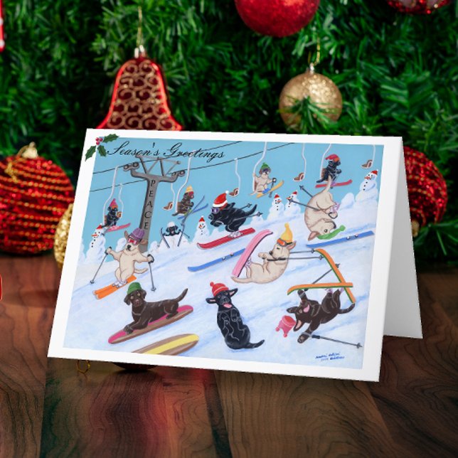 Cartão De Festividades Winter Fun Christmas Skiing Labradors Painting (Winter Fun Christmas Skiing Labradors Painting Design Christmas Cards for Labrador Owners.)