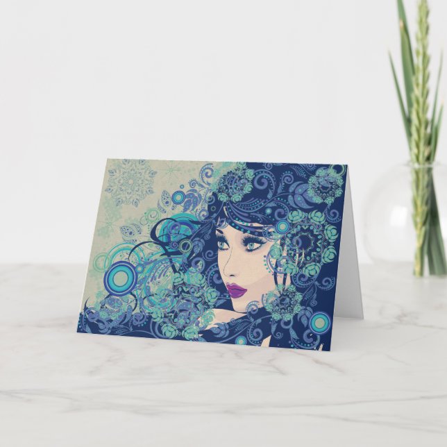 Cartão De Festividades Winter Girl with Floral Grunge 3 (Frente)