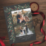 Cartão De Festividades Winter Greenery Black 2 Photo Christmas<br><div class="desc">Este elegante Cartão de Feriado de Natal Black 2 do Winter Greenery Black 2 é completamente personalizável. Quer personalizar ainda mais? Clique em "Editar usando a Ferramenta de Design." Esta design faz parte de uma coleção. Trabalho de arte de cor d'água original pintada pelo designer Stacey Meacham.</div>