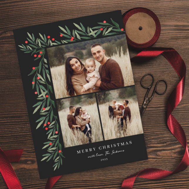 Cartão De Festividades Winter Greenery Black 3 Photo Christmas (Criador carregado)