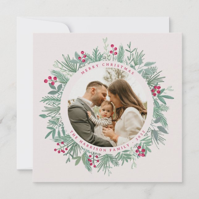 Cartão De Festividades Winter Greenery Christmas Card with Photo (Frente)