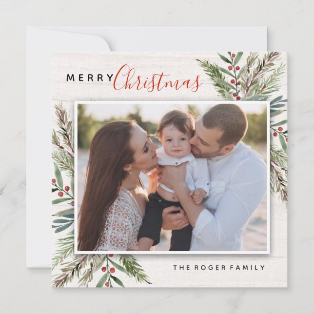 Cartão De Festividades Winter Greenery Christmas Photo Card (Frente)