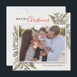 Cartão De Festividades Winter Greenery Christmas Photo Card<br><div class="desc">Holiday Sticker features a hand painted watercolor frame,  holly branches with red berries,  pines and winter foliage design.
Personalize and send a sticker to friends and family will love. Add your own greeting and everyone's names.</div>