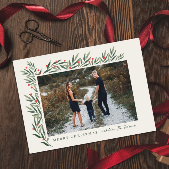 Cartão De Festividades Winter Greenery Ivory Foto Natal (Criador carregado)