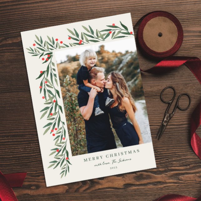 Cartão De Festividades Winter Greenery Ivory Foto Natal (Criador carregado)