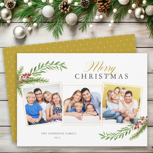 Cartão De Festividades Winter Greenery Mínimo 3 Foto Feliz Natal (Criador carregado)