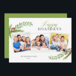 Cartão De Festividades Winter Greenery Mínimo 3 Fotografias Felizes Feria<br><div class="desc">Este cartão de 3 fotos de Natal oferece um design minimalista limpo,  acentuado com a cor d'água verde de Natal e bagas. A saudação "Felizes Feriados" aparece em um roteiro elegante verde.</div>