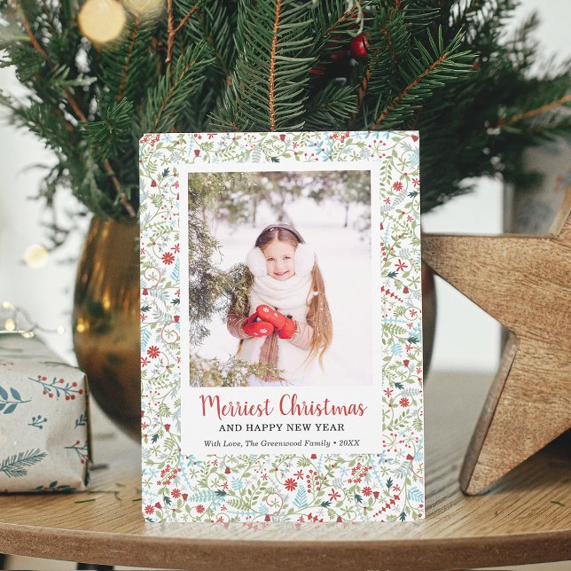 Cartão De Festividades Winter Greenery Pattern Merriest Photo de Natal (Winter Greenery Pattern Merriest Christmas Photo Holiday Card)
