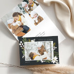 Cartão De Festividades Winter Greenery | Photo Folded Holiday Card<br><div class="desc">Elegant botanical holiday photo card puts your favorite family photo front and center, accented by green botanical sprigs, foliage, leaves and white lily of the valley flowers, on a rich charcoal off-black background. Add your custom Christmas greeting (shown with "peace on earth") and the year. Personalize the inside of this...</div>