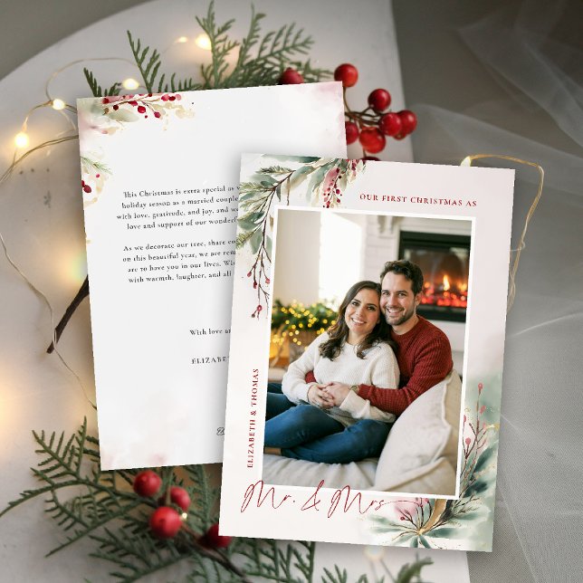 Cartão De Festividades Winter Greenery Red Green Primeiro Natal Sr. Sra. (first christmas mr mrs romantic holiday christmas photo card watercolor winter greenery botanical)