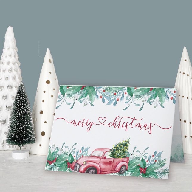 Cartão De Festividades Winter Greenery Red Truck Watercolor Garland (Red Truck Christmas Card. Buy professionally printed or as a printable digital download.)