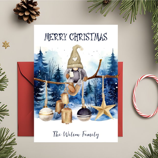 Cartão De Festividades Winter Lady Gnomo Blue Forest Feliz Natal (Criador carregado)