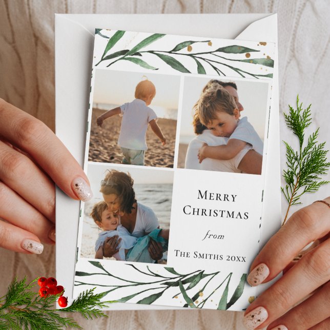 Cartão De Festividades Winter Nature | Dourada Folhagem Verde Confetti (Criador carregado)