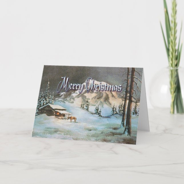 Cartão De Festividades WINTER NIGHT LOG CABIN por SHARON SHARPE (Frente)