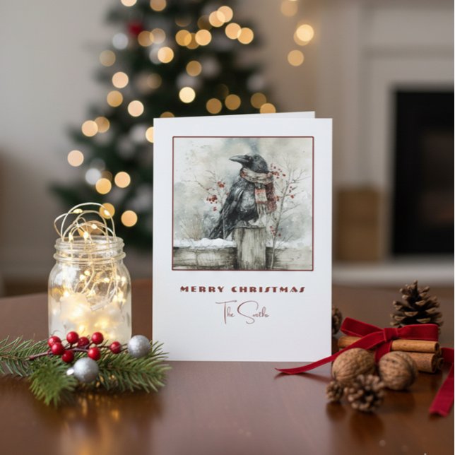 Cartão De Festividades Winter Raven Crow Christmas Card with Cozy Scarf (Criador carregado)