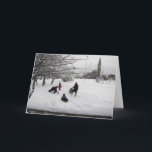 Cartão De Festividades Winter Sledding Jersey City<br><div class="desc">A family of 4 enjoys sledding in a snow-covered Pershing Field park in Jersey City,  New Jersey,  with a church visible in the background. Great for a Christmas card. Customizable - add your own message with the Add Text tool</div>